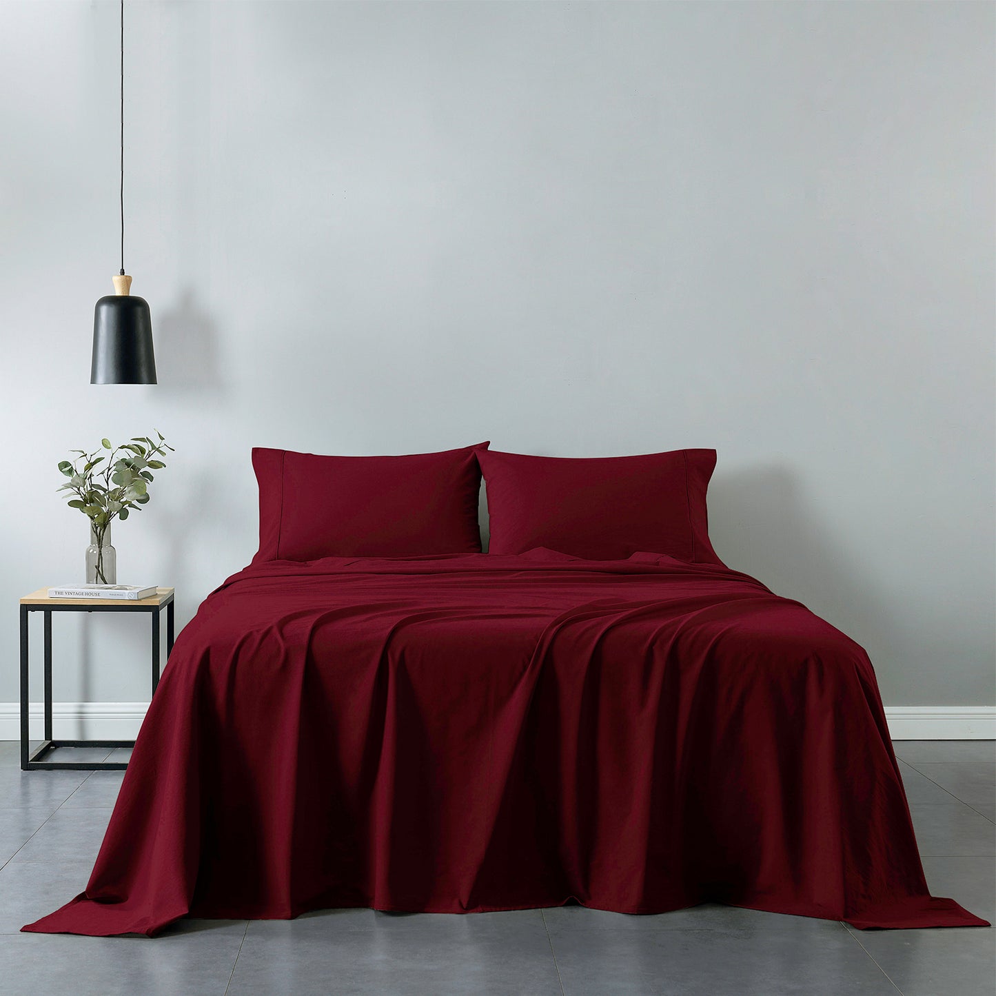 Royal Comfort Vintage Washed 100% Cotton Sheet Set Fitted Flat Sheet Pillowcases - Double - Mulled Wine