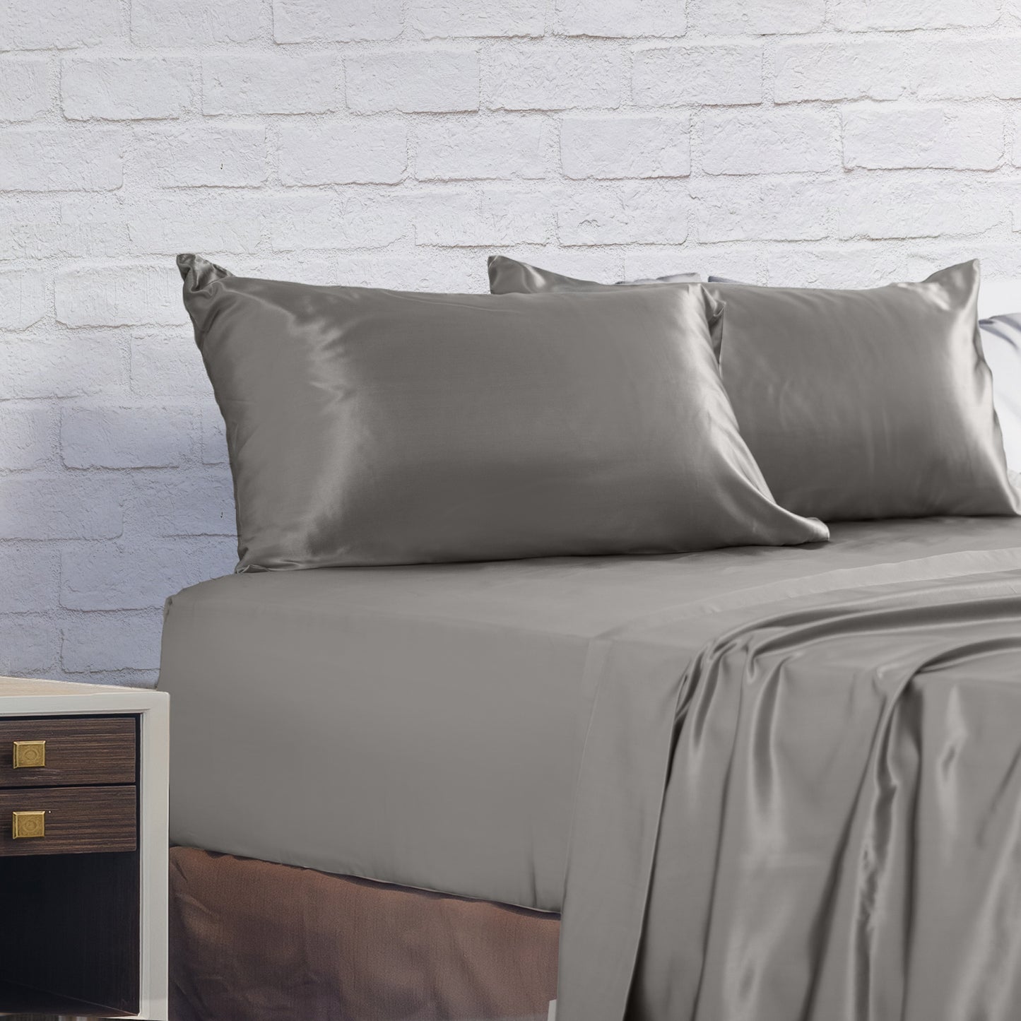 Royal Comfort Satin Sheet Set 4 Piece Fitted Flat Sheet Pillowcases  - Queen - Charcoal