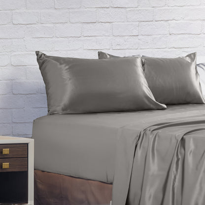 Royal Comfort Satin Sheet Set 4 Piece Fitted Flat Sheet Pillowcases  - Queen - Charcoal