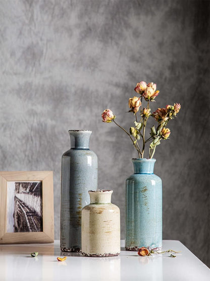 Ceramic Vases Set of 3 Crackled Finish Blue Farmhouse for Home D�cor