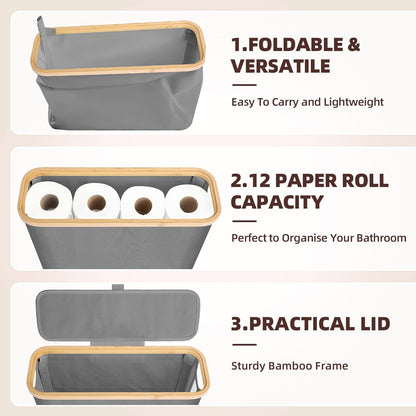 CARLA HOME Toilet Paper Storage Basket Holds Up to 12 Rolls with Bamboo Lid and Handle for RV Closet (Grey)