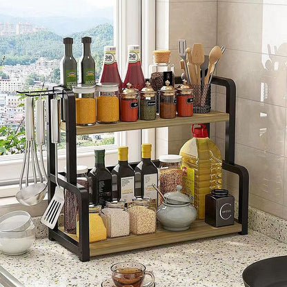 CARLA HOME 2-Tier Wooden Kitchen Countertop Spice Rack for Storage of Condiments, Oils, Jars & Seasoning Bottles