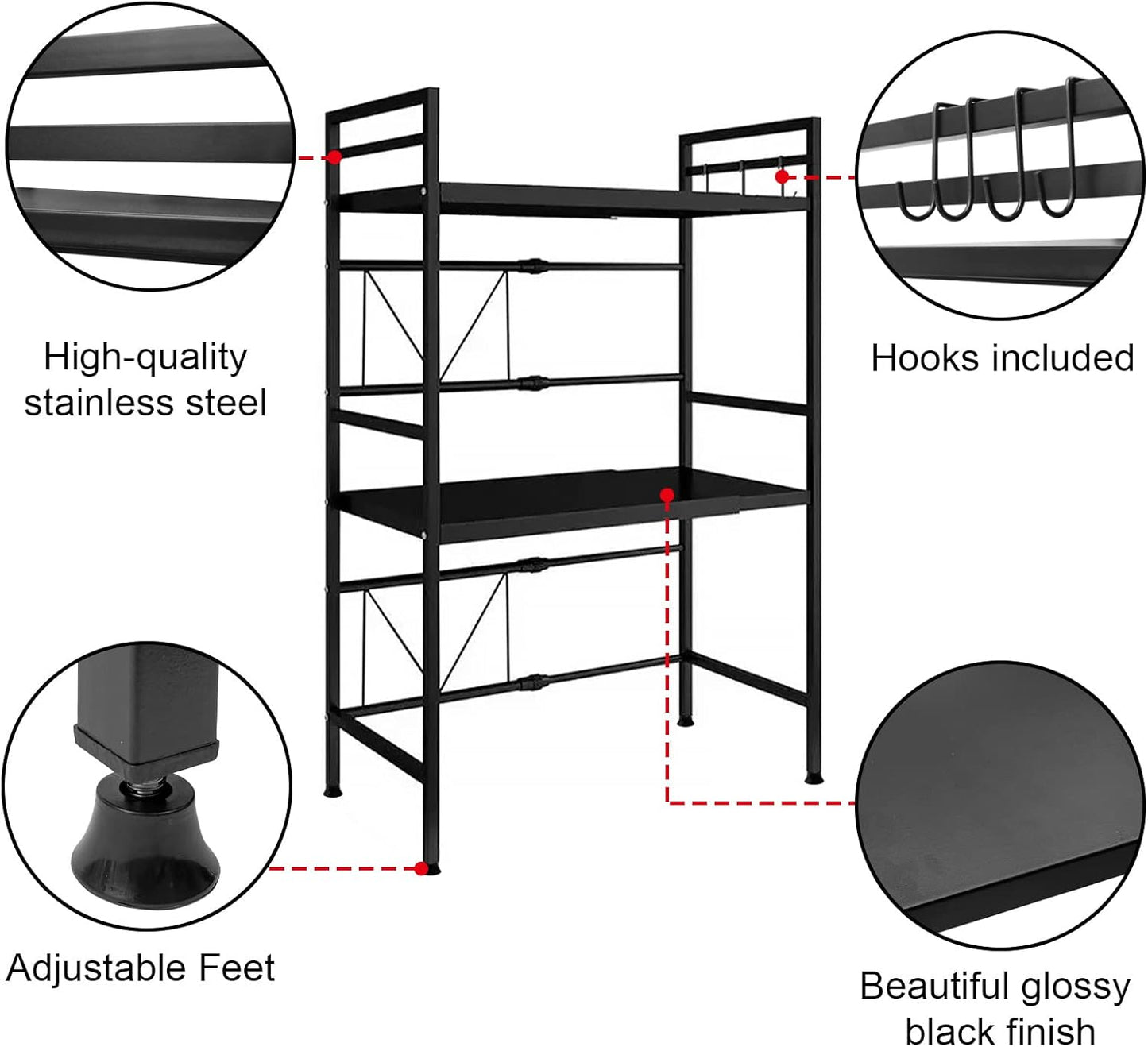 CARLA HOME 3-Tier Microwave Oven Rack with Adjustable Metal Kitchen Shelf Stand for Countertop Storage and 6 Hooks for Utensils