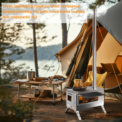 Stainless Steel Wood Burner Stove for Camping w/ Chimney & Bag