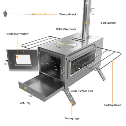 Stainless Steel Wood Burner Stove for Camping w/ Chimney & Bag