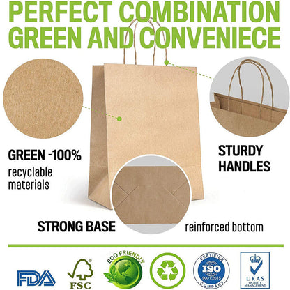 25pcs Bulk Kraft Paper Bags Gift Shopping Carry Craft Brown Retail Bag with Handles Au M