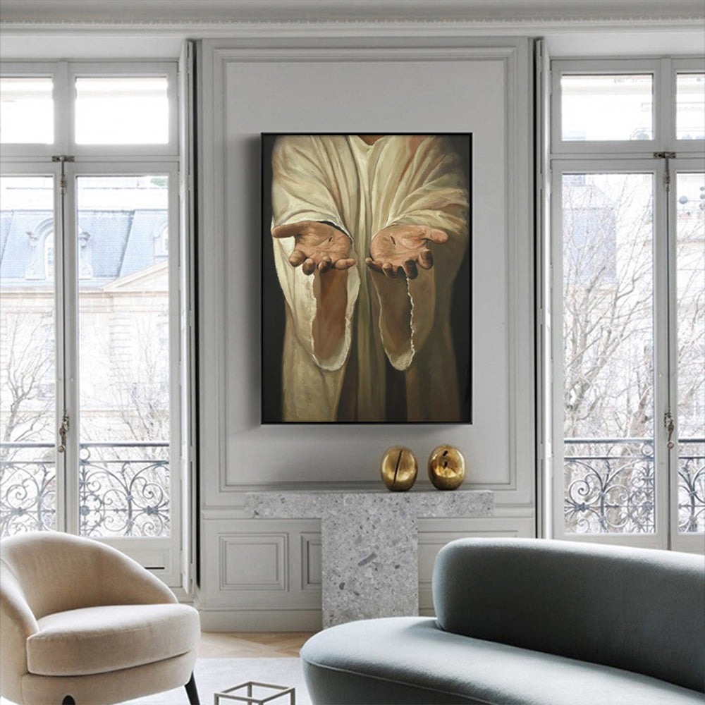 Wall Art 70cmx100cm Jesus Nail Hand Black Frame Canvas