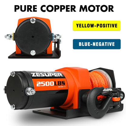 ZESUPER 12V Electric Winch 2500lbs Synthetic Rope Wireless Remote ATV UTV BOAT