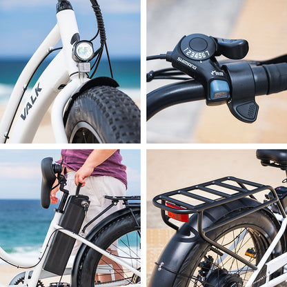 VALK Electric Fat Tyre Cruiser Bike, Step-Through eBike with Throttle, Tektro Hydraulic Brakes, White