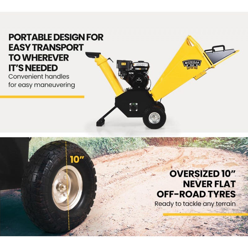 MICHIGAN 8HP 208cc Petrol Commercial Wood Chipper, Tree Mulcher - Raptor 1000