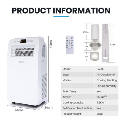 CARSON  2.9kW Reverse Cycle Portable Air Conditioner and Heater, with Dehumidifier, Cooling and Heating AC