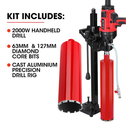 BAUMR-AG 2000W 160mm Handheld Core Drill w/Stand,63mm & 127mm Drill Bit Combo, for Concrete Coring Hole Drilling