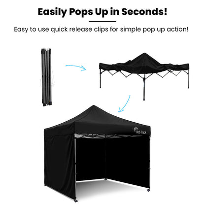 RED TRACK 3x3m Premium Pop Up Gazebo Marquee, Patented Steel Cable Canopy Support System, Wheeled Carry Bag, Side Walls, UV Block, Reinforced Frame, Black