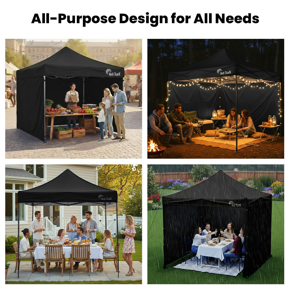 RED TRACK 3x3m Premium Pop Up Gazebo Marquee, Patented Steel Cable Canopy Support System, Wheeled Carry Bag, Side Walls, UV Block, Reinforced Frame, Black