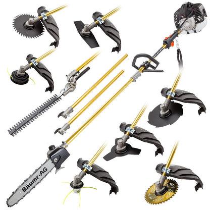 BAUMR-AG 65cc 9in1 Long Reach Garden Multi-tool, Pole Saw, Hedge & Line Trimmer, Brush Cutter, 12" Tree Trimming Pruning Chainsaw Bar, 2 Extension Shafts