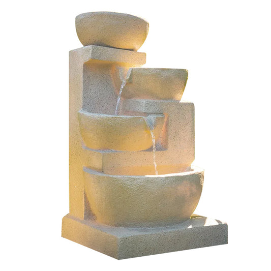 PROTEGE Solar Fountain Water Feature Outdoor 4 Bowl with LED Lights - Sand Colour