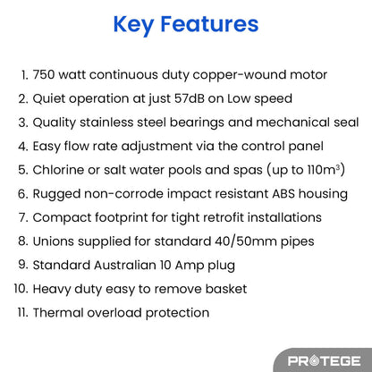 PROTEGE Variable Speed Pump, 1.0HP, 3 Speeds, Quiet, Economical, for Swimming Pool and Spa