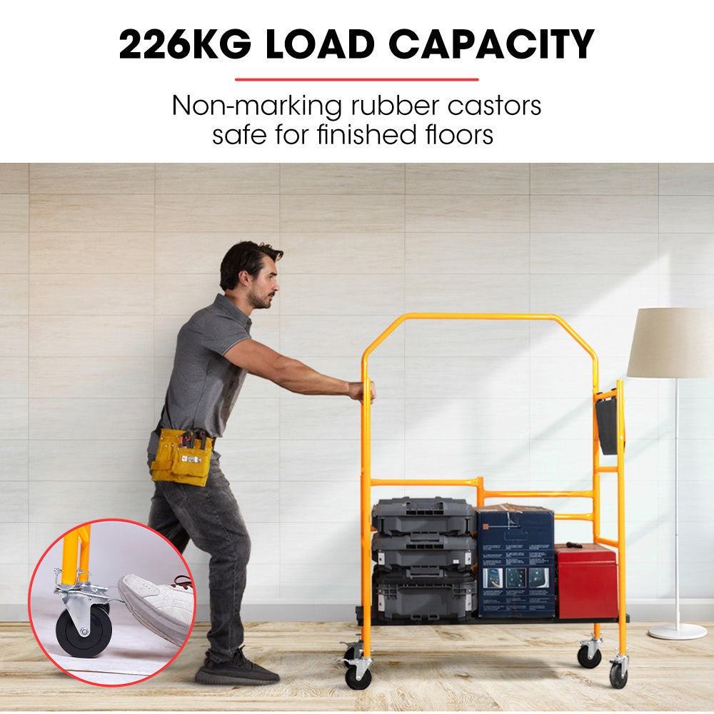 BAUMR-AG Mobile Scaffold Platform, 226kg Load, Steel Frame, Dual Height, Folding for easy Transport and Storage, Locking Castors, Tool Tray