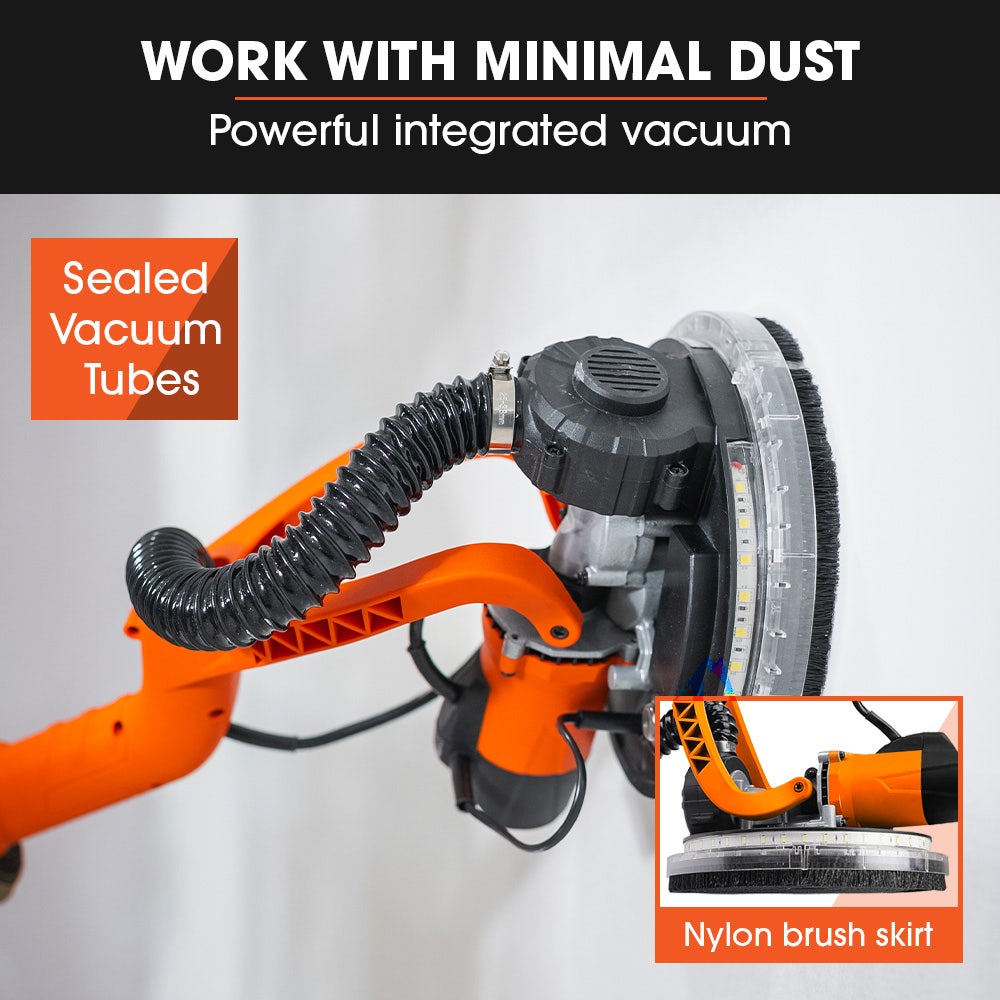 Unimac 225mm 750W Telescopic Long Reach Dry Wall Sander Kit, Foldable, Vacuum System, LED Worklight, 6x Sanding Discs