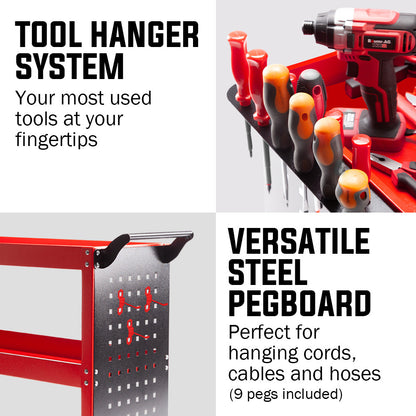 BULLET 3-Tier Steel Tool Trolley Cart for Workshop, Mechanic, with Pegboard, Screwdriver Bay, Red