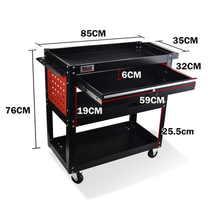 Bullet 3-Tier Steel Tool Trolley Cart, for Workshop, Mechanic, with Drawer, Pegboard, Screwdriver Bay, Black/Red