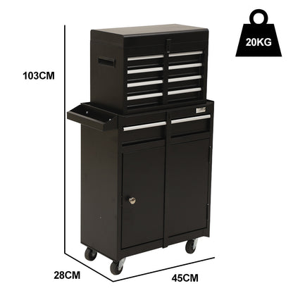 BULLET Pro 5 Drawer Tool Box Cabinet Chest Storage, with 1-Door Toolbox Garage Organiser Set, Black