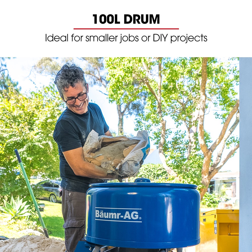 BAUMR-AG 100L Forced Action Pan Mixer, 1100W Electric Motor, Lightweight 58kg Design, for Mortar Screed Resin Cement, 8 Inch Solid Rubber Wheels