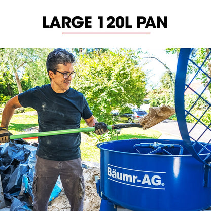 BAUMR-AG 120L Forced Action Pan Mixer, 1500W Electric Direct Drive Motor, Heavy-Duty Frame, for Mortar Screed Resin Cement, 10 Inch Solid Rubber Wheels