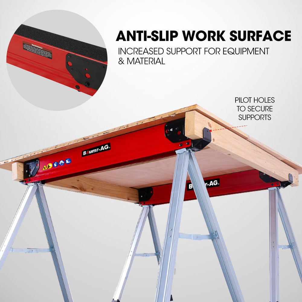 Baumr-AG 2 x Steel Saw Horse, 1000kg Capacity Folding Adjustable Sawhorses, 2x4 Support Arms