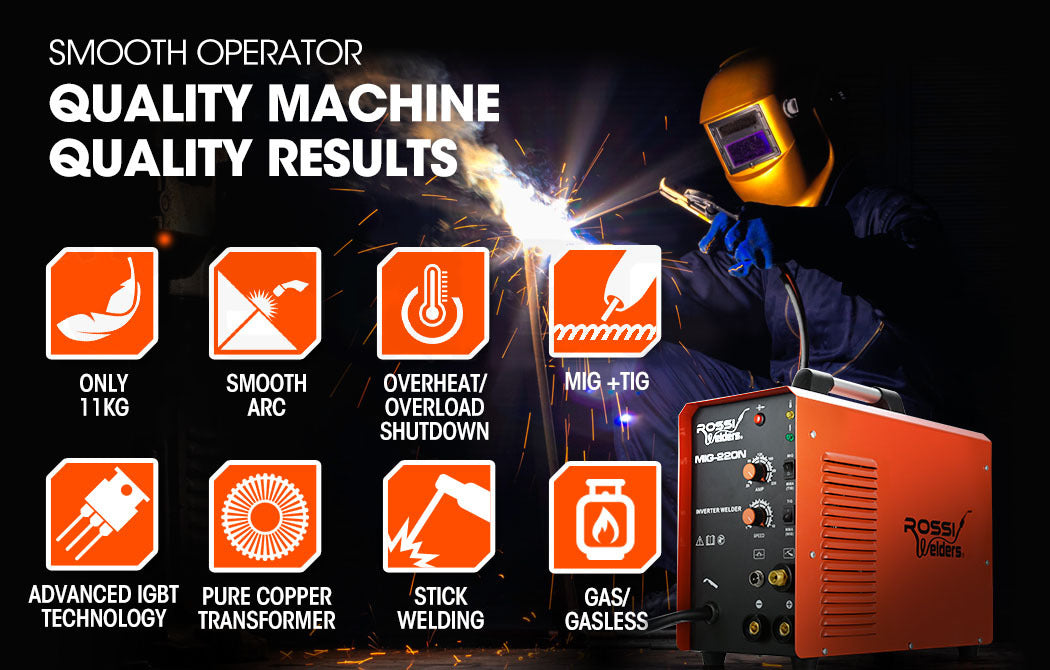 ROSSI 220 Amp MIG MMA TIG Welder, 3in1 Multi-process Portable Inverter Gas Gasless Stick Welding Machine, 15A Plug