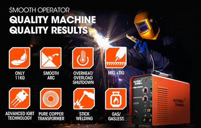 ROSSI 220 Amp MIG MMA TIG Welder, 3in1 Multi-process Portable Inverter Gas Gasless Stick Welding Machine, 15A Plug