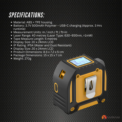 Tooleroo 40m Digital Laser Tape Measure + 5m Steel Tape – 3-in-1 Cross Marking