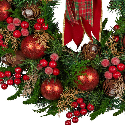 Christabelle 71cm Christmas Wreath Lush Green Holiday Door Wreath with Red Berries, Baubles & Pine Cones Pre-Decorated Festive Wall or Front Door Decoration