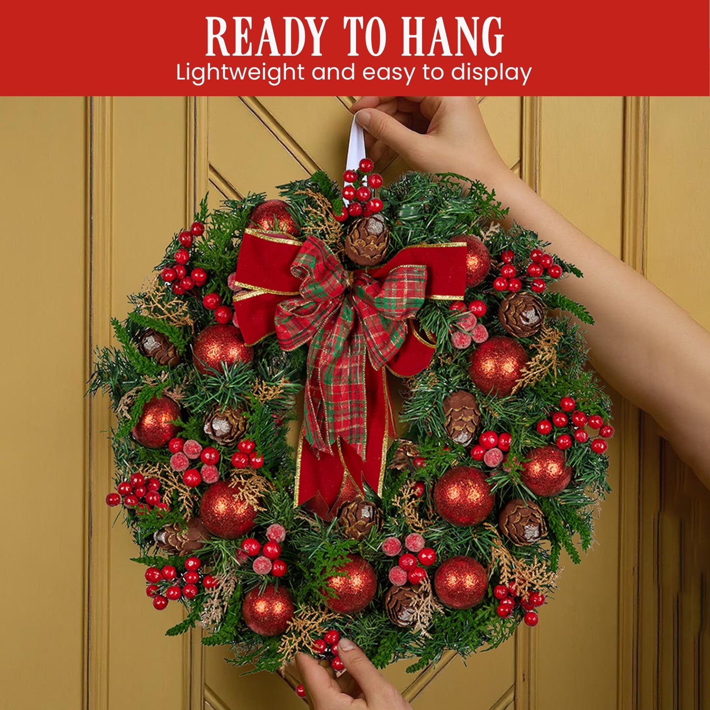 Christabelle 71cm Christmas Wreath Lush Green Holiday Door Wreath with Red Berries, Baubles & Pine Cones Pre-Decorated Festive Wall or Front Door Decoration