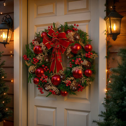 Christabelle 71cm Christmas Wreath Lush Green Holiday Door Wreath with Red Berries, Baubles & Pine Cones Pre-Decorated Festive Wall or Front Door Decoration