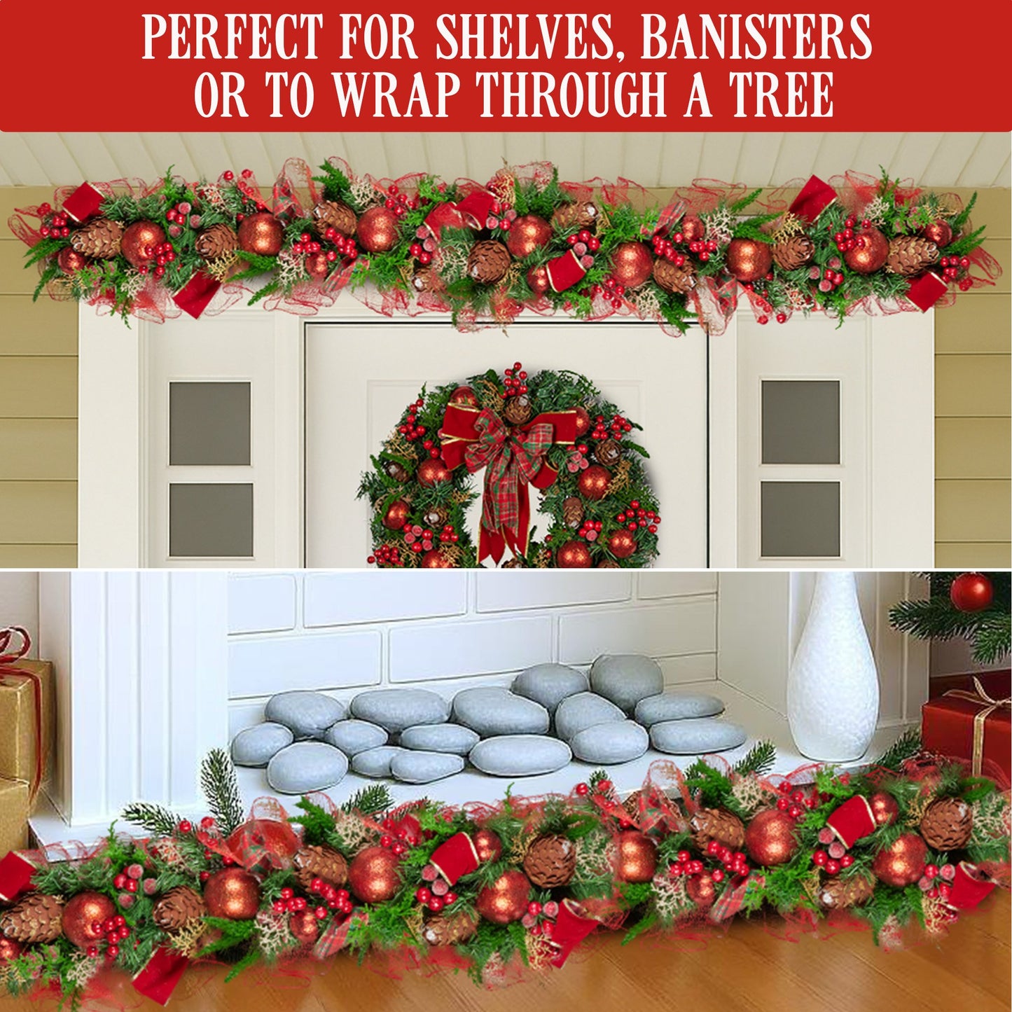 Christabelle 100cm Christmas Garland Lush Green Holiday Garland w/ Red Berries, Baubles & Pine Cones Pre-Decorated Festive Shelf or Banister Decoration