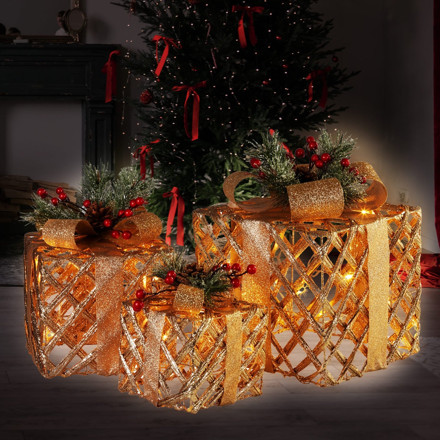 Christabelle Set of 3 Christmas Gift Boxes Display With Lights in Champagne and Gold