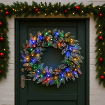 National Tree Company 76cm Pre Lit Snowy Stamford Spruce Battery Operated Christmas Wreath w/LED Lights & Timer