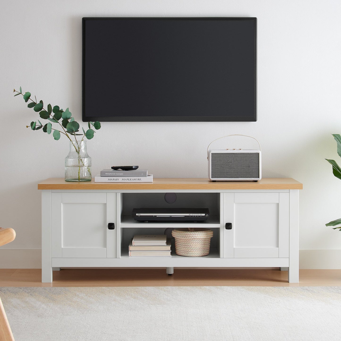 Sarantino Gio TV Entertainment Stand Cabinet Cupboard in White and Natural Wood Finish