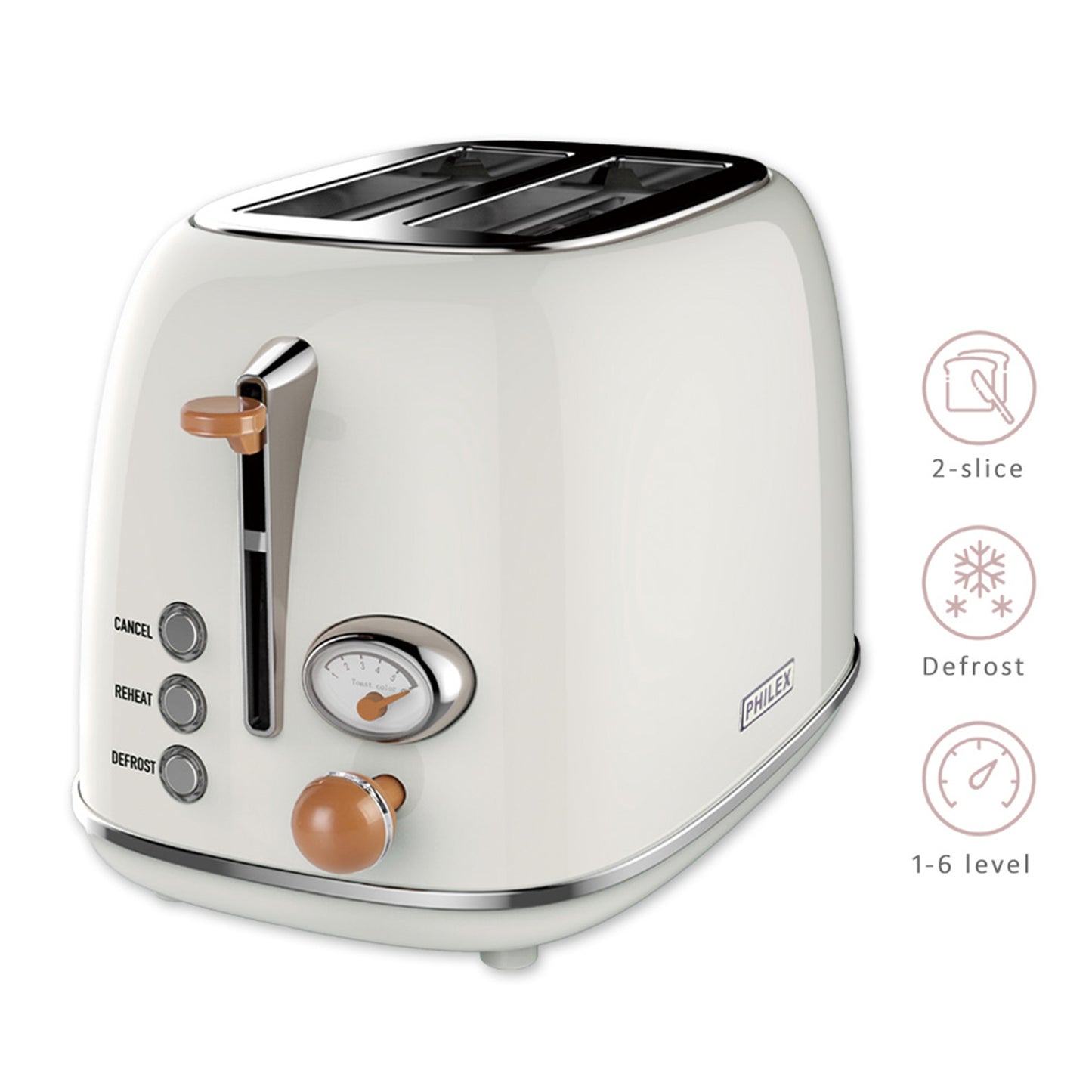 PHILEX 2-Slice Electric Toaster Bread Reheat Defrost Retro Retro IVORY