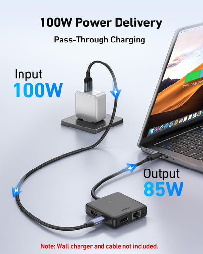 BENFEI 399BK 6-in-1 USB-C HUB to HDMI(8K)+USB3.2(10Gbps)+USB2.0x2+PD100W+RJ45 Black