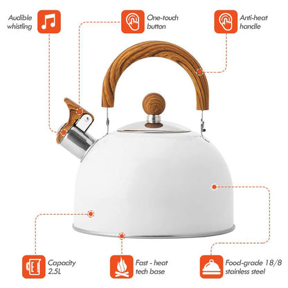 2.5 Liter Tea Whistling Kettle Stainless Steel Modern Whistling Tea Pot for Stovetop White
