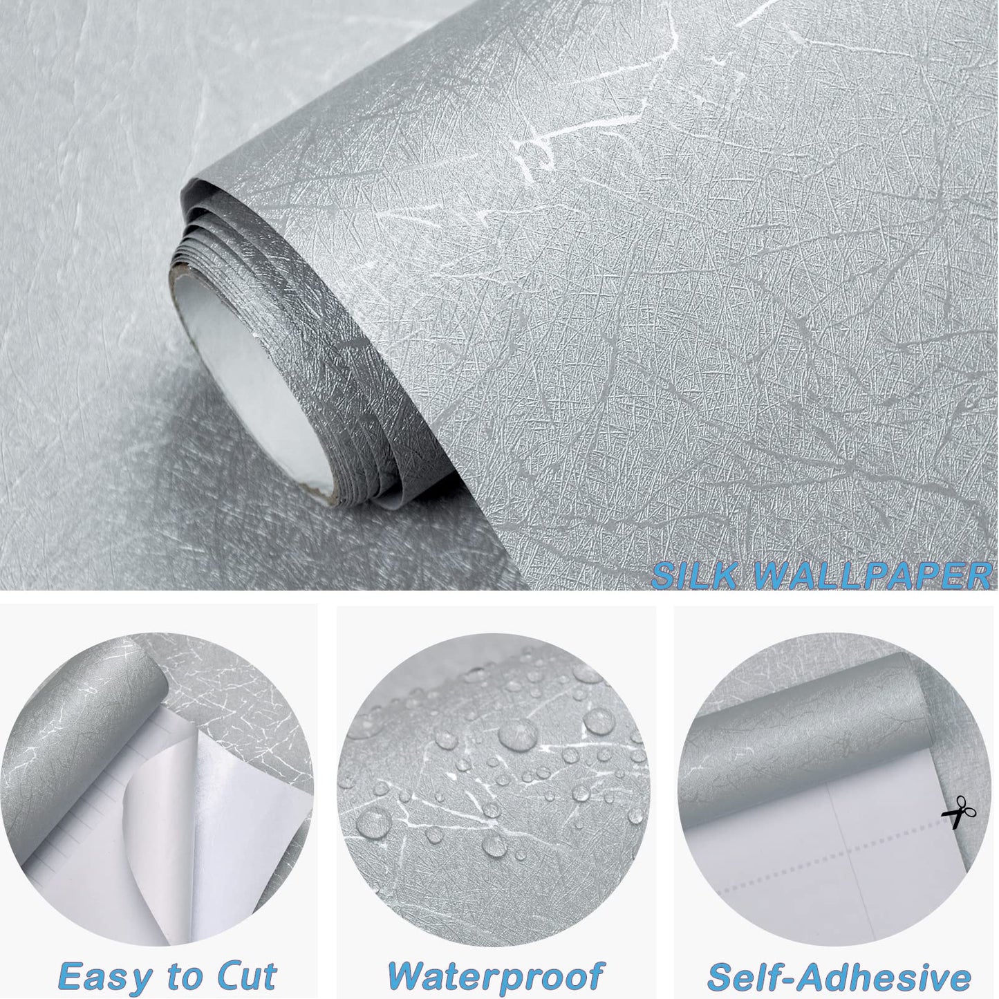 61cm x 10m Green Wallpaper Decor Faux Grasscloth Paper Wall Paper Self Adhesive Removable Silver
