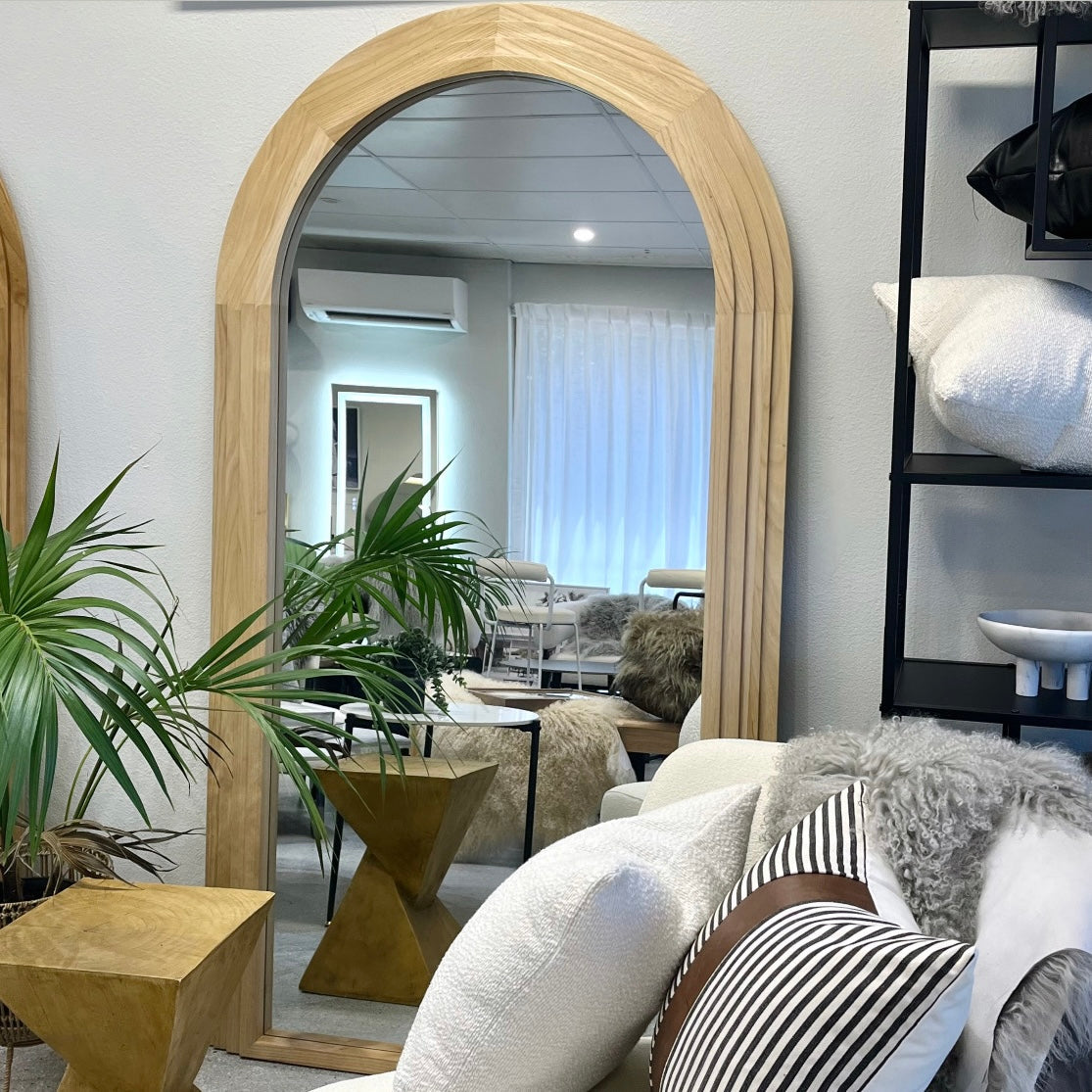 Interior Ave - Sierra Arched Step Mirror – Signature Sculptural Natural Wood Statement Piece
