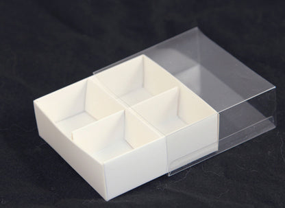 10 Pack of White Card Chocolate Sweet Soap Product Retail Gift Box - 4 Bay Compartments - Clear Slide On Lid - 8x8x3cm