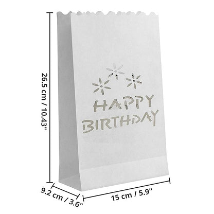 100 Pack White Happy Birthday Luminary Paper Candle Tea Light Lantern Bags Garden Anniversary Birthday Night Decorations Evening Party