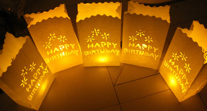 100 Pack White Happy Birthday Luminary Paper Candle Tea Light Lantern Bags Garden Anniversary Birthday Night Decorations Evening Party