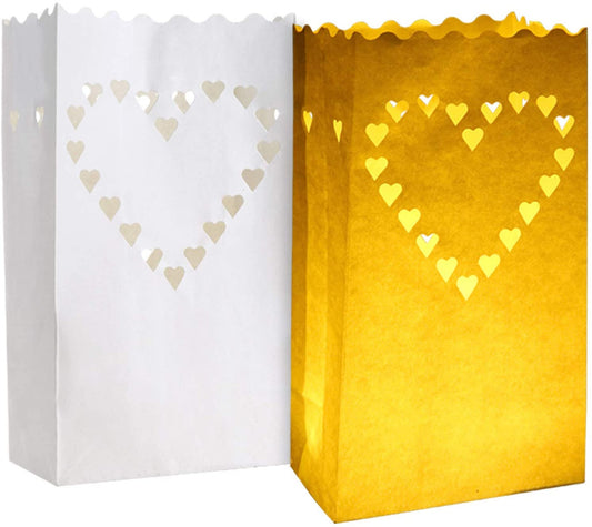 50 Pack White Heart Luminary Paper Candle Tea Light Lantern Bags Garden Wedding Anniversary Birthday Night Decorations Evening Party