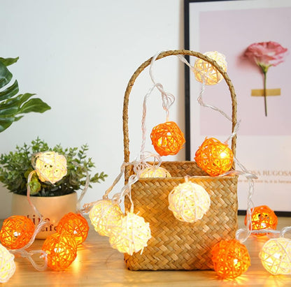 1 Set of Orange n White 5cm Rattan Cane 50 Ball Battery Powered LONG 5m String Lights Christmas Gift Home Wedding Party Bedroom Decoration Table Centrepiece