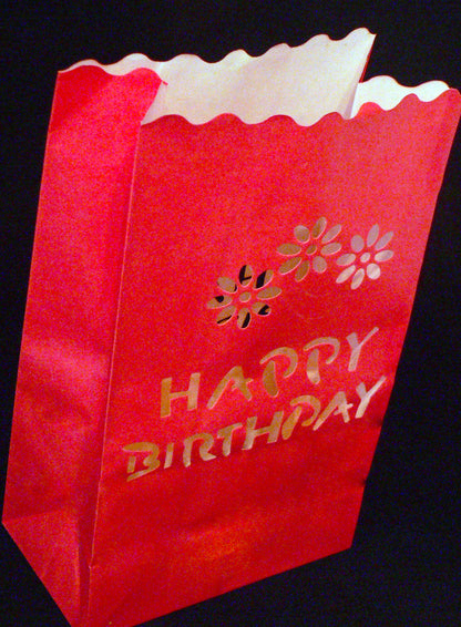 50 Pack Red Happy Birthday Luminary Paper Candle Tea Light Lantern Bags Garden Anniversary Birthday Night Decorations Evening Party